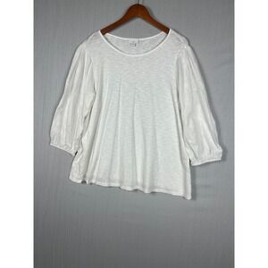 J. Jill XL White Embroidered Puff Sleeve Mixed Media Knit Top Boho Coastal